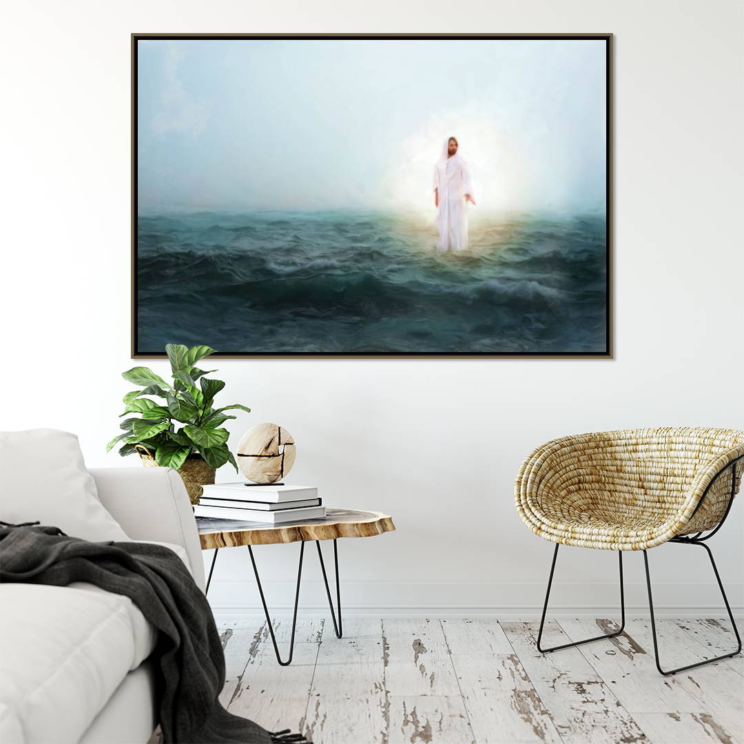 A painting of Jesus walking on water hanging in a living area.