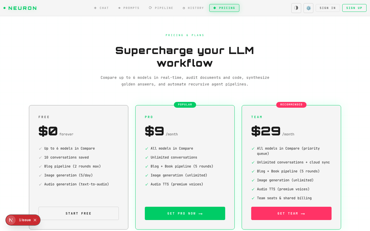 Neuron LLM subscription pricing tiers and Stripe checkout integration