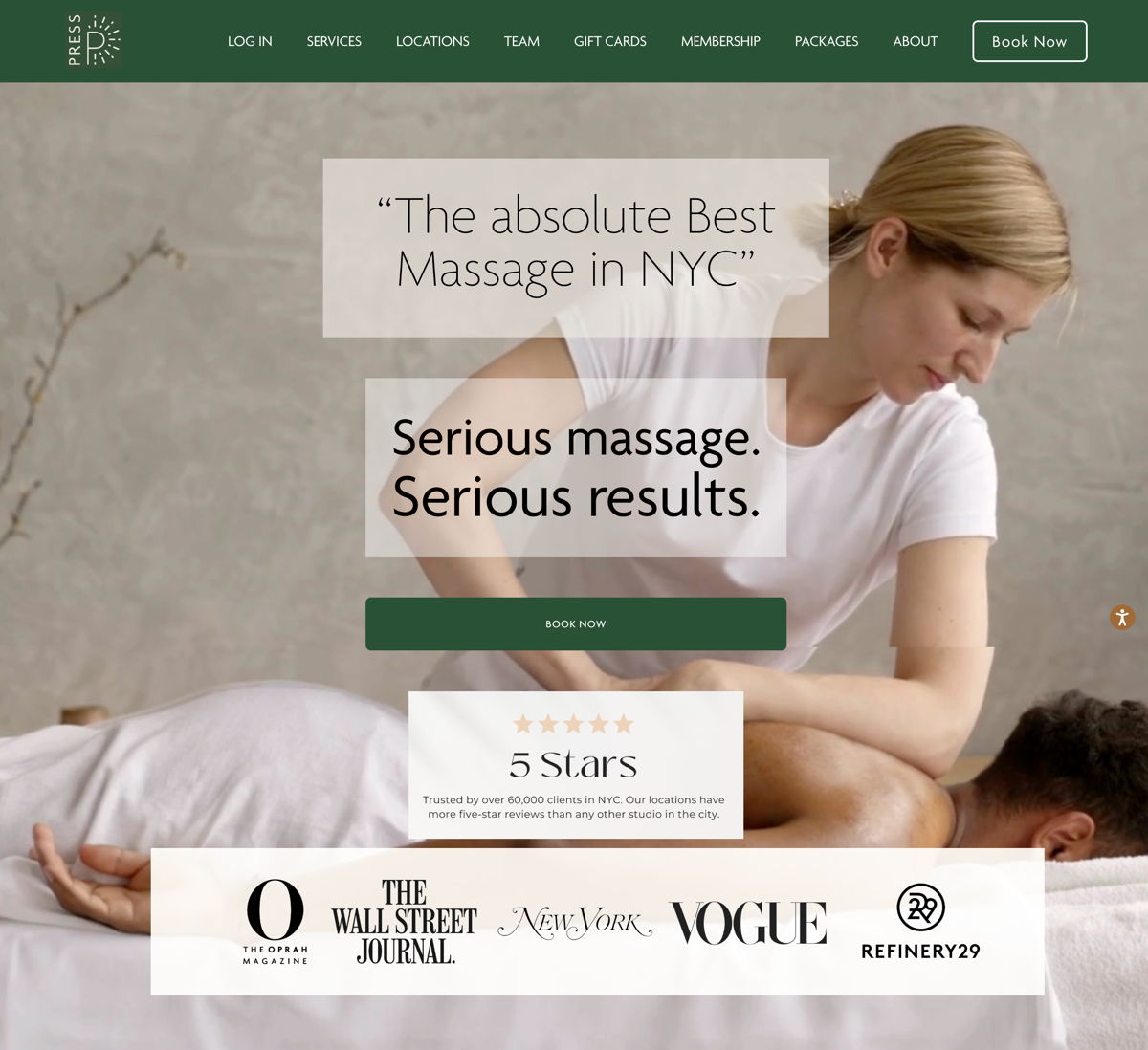 Screenshot of Press Modern Massage NYC, from the local business websites collection.
