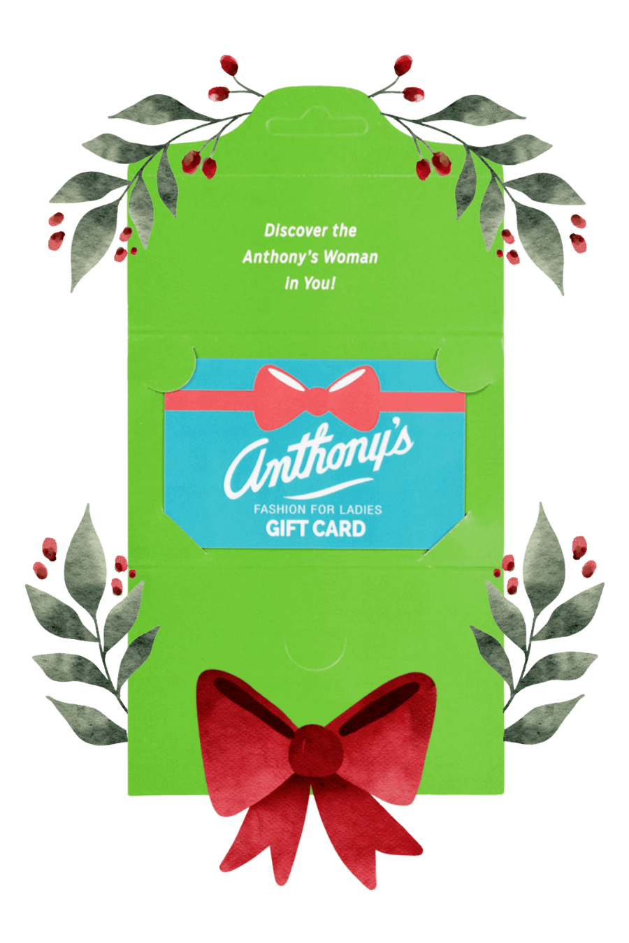 An Anthony's physical gift card with holly decorations