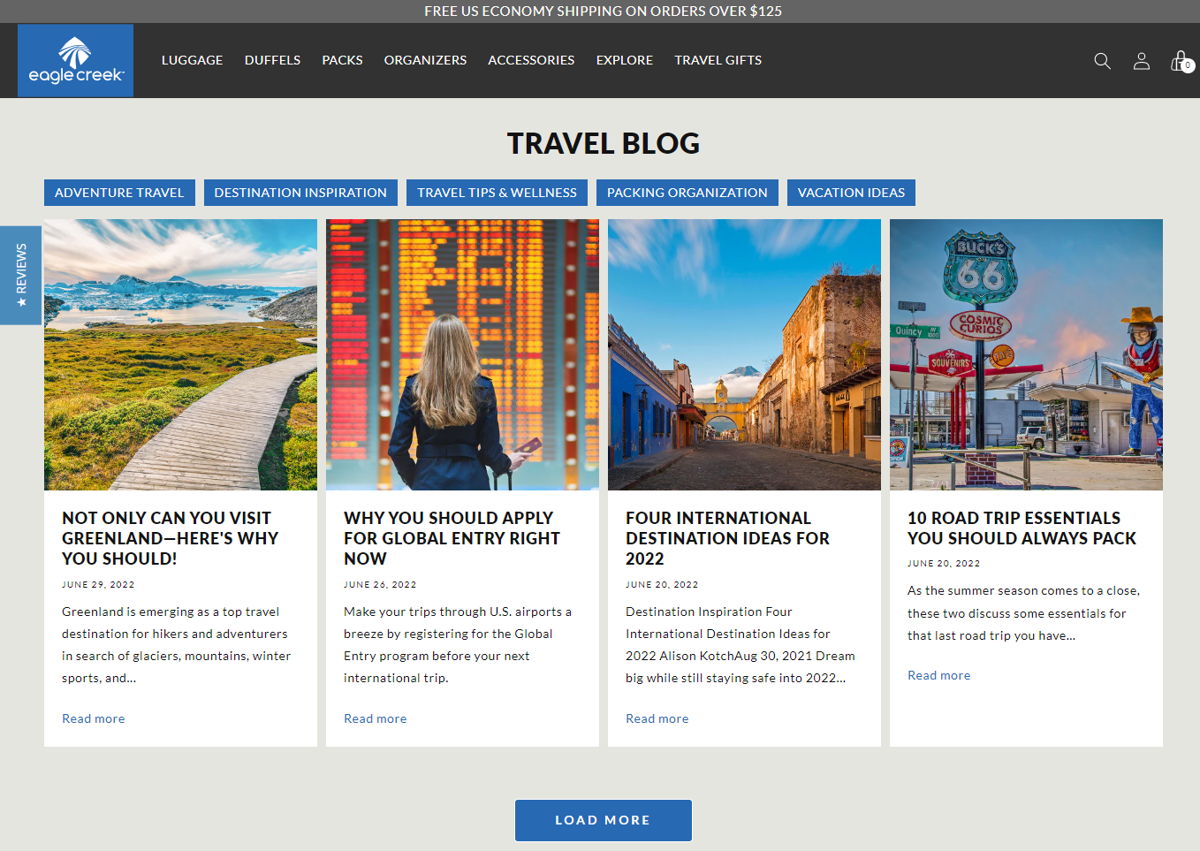 Screenshot of Eagle Creek Travel Blog, from the shopify blog examples collection.