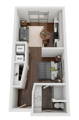 floor plan for studio condo, the door opens into an entry area, then you pass closet on the left and the area for the bed on the right. Next to the bedroom is the bathroom and next to the closet is the washer and dryer. If you continue into the unit you enter the living room and kitchen area.