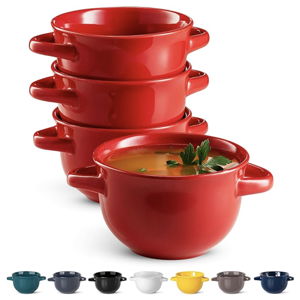 French Onion Soup Crocks with Handles, by Kook, Ceramic Bowls, for Rice, Dessert, Pasta, Dishwasher, Microwave, Oven & Broil Safe, Red, Set of 4, 18 oz,