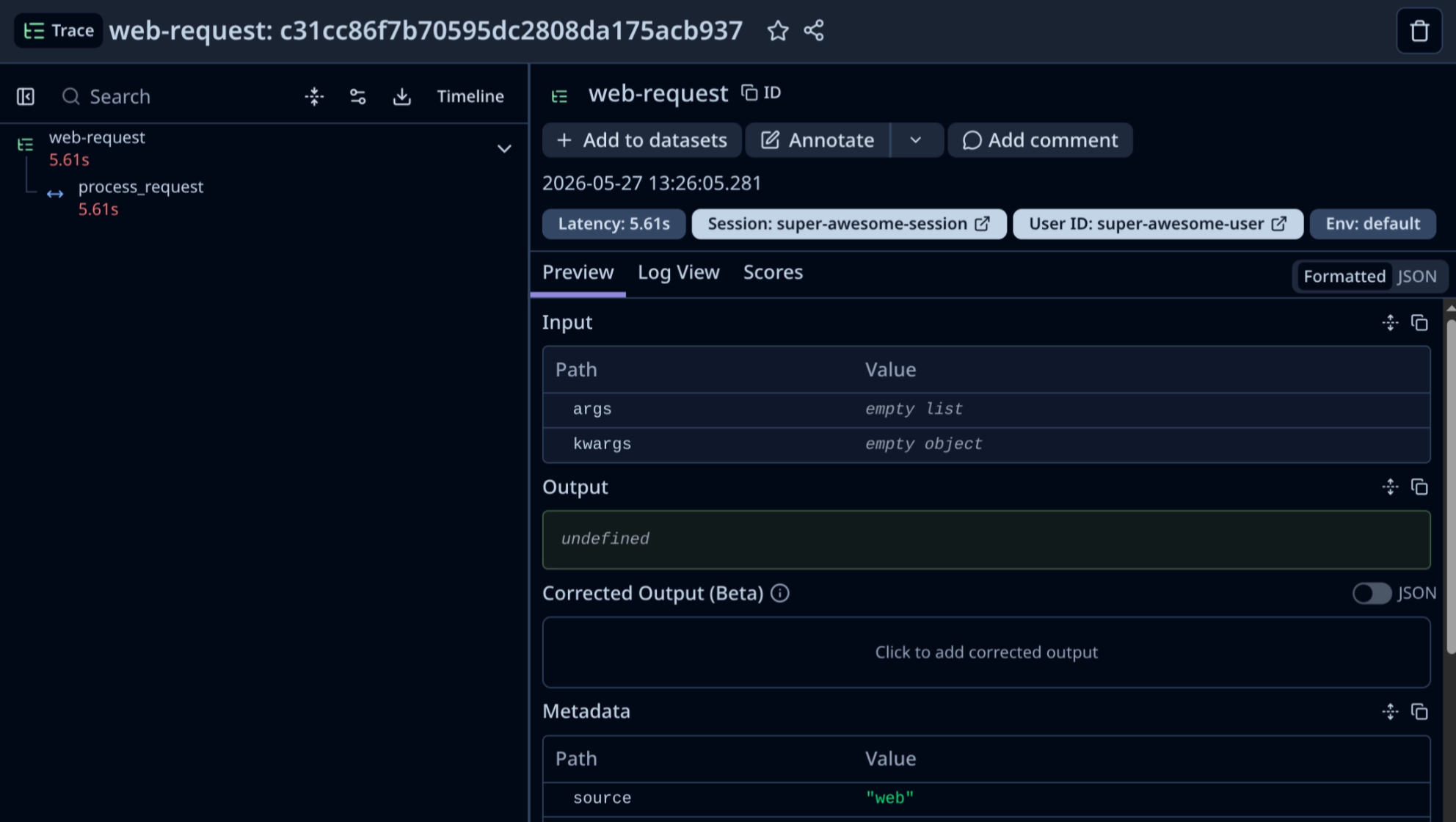 Attributes such as session and user added to a Langfuse trace.