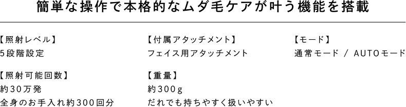 簡単な操作で本格的なムダ毛ケアが叶う機能を搭載