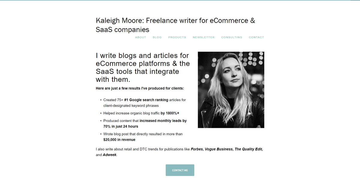 Screenshot of Kaleigh Moore, from the copywriting portfolios collection.