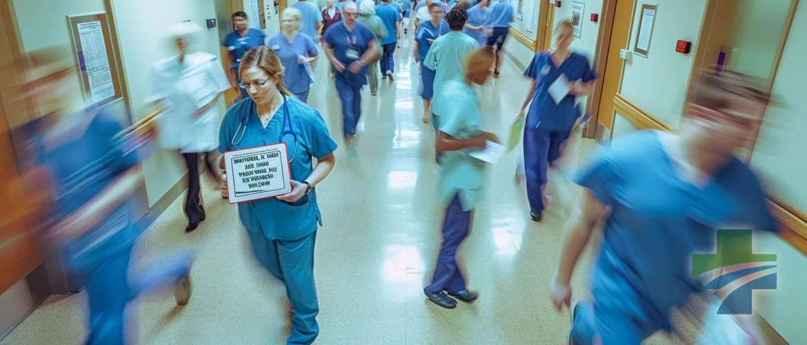 A travel nurse studies a 'Medical Jargon for Dummies' manual in a busy hospital.