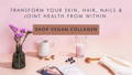 Vegan collagen banner with a collagen drink, Raw Beauty Lab's user manual and the reusable scoop