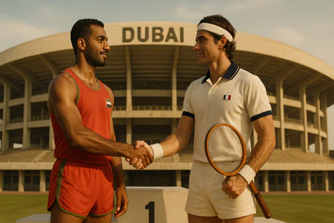 Two athletes, one in red running gear and one in white tennis attire with a racket, shake hands in front of the Dubai stadium, symbolizing sportsmanship at an international event.