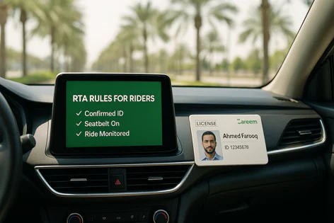 A car interior shows a screen displaying RTA rules for riders: Confirmed ID, Seatbelt On, Ride Monitored, next to a Careem driver ID card.