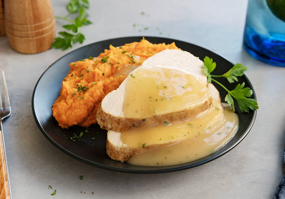 Oven Roasted Turkey Breast, Savory Herb Gravy and Smashed Sweet Potatoes