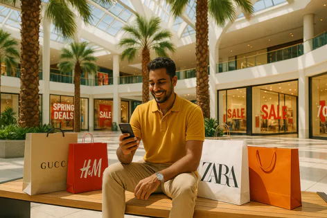 Smiling man using phone in a modern shopping mall with bags from Gucci, H&M, Zara beside him. Sale signs are in the background.