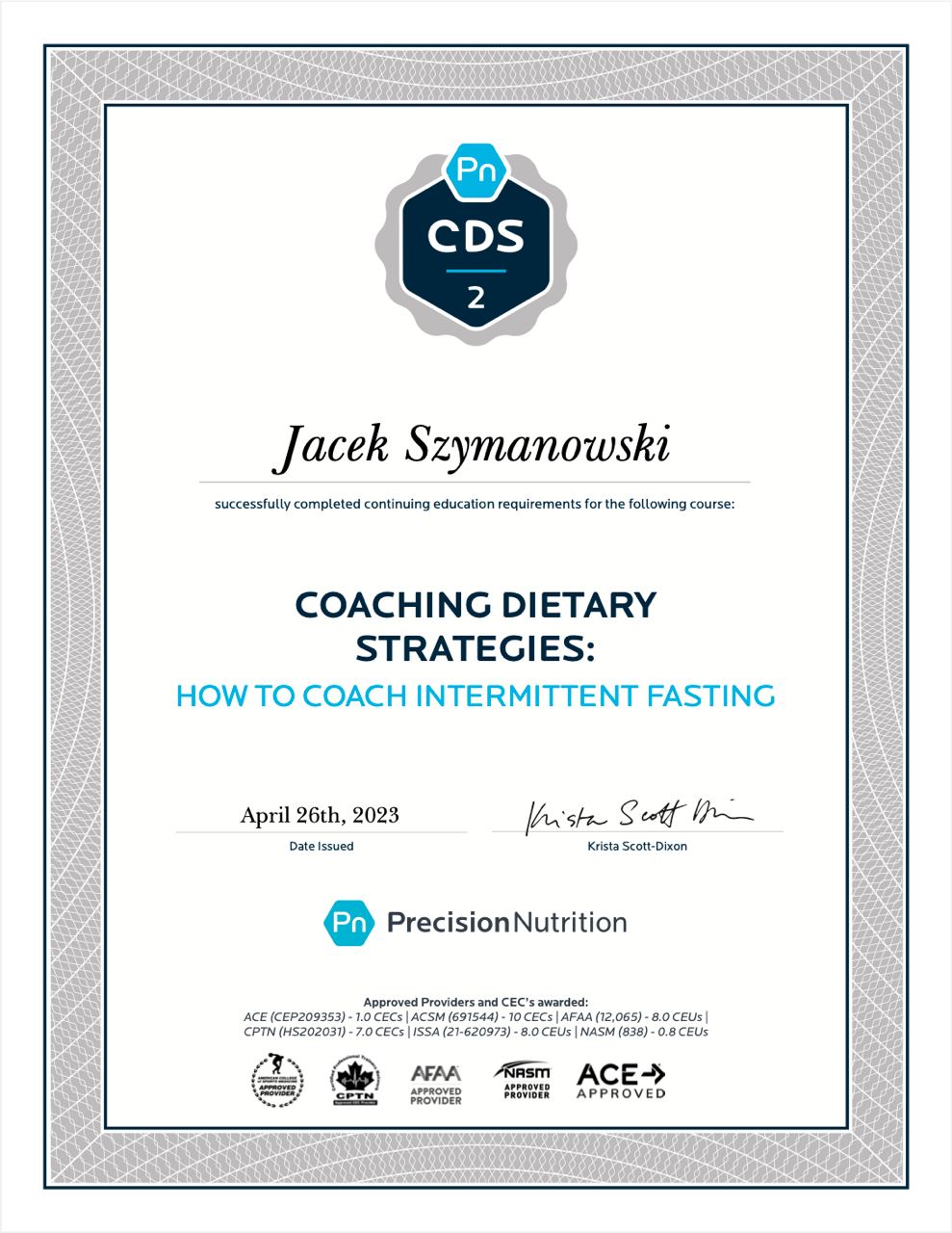 Jacek Szymanowski certificate coaching dietary strategies