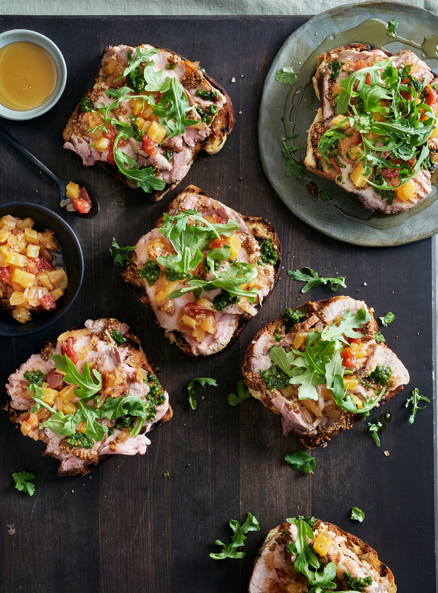 Open-Faced Cilantro Roast Pork Loin Sandwiches with Pineapple Chutney | RICARDO