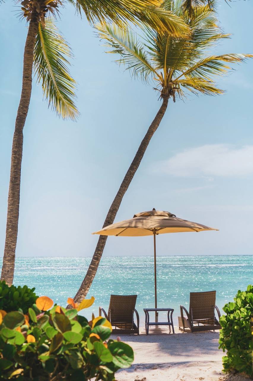 Two chairs on the beach under the shade of an umbrella.