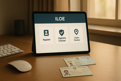 Tablet displaying the ILOE online system interface with options for Register, Eligibility Checker, and Claim Tracker, on a desk with identity cards.