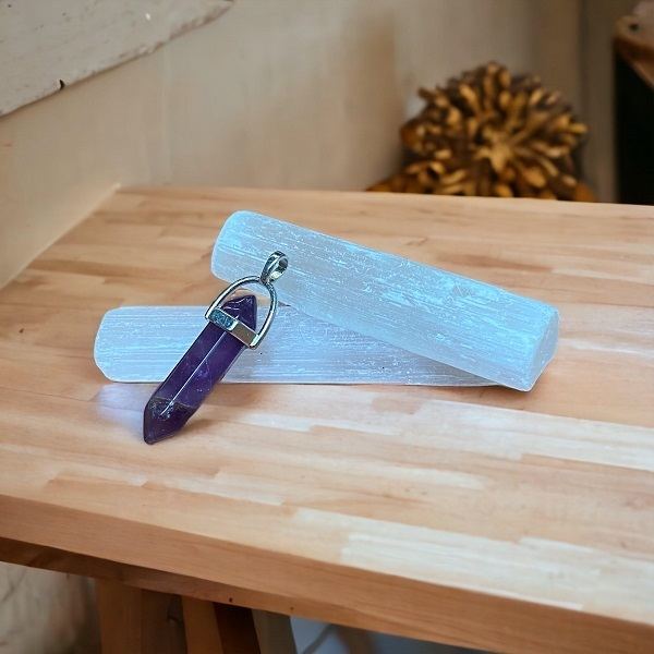 Amethyst Crystal Pendant Plus x2 Selenite Sticks - Includes Leather Band