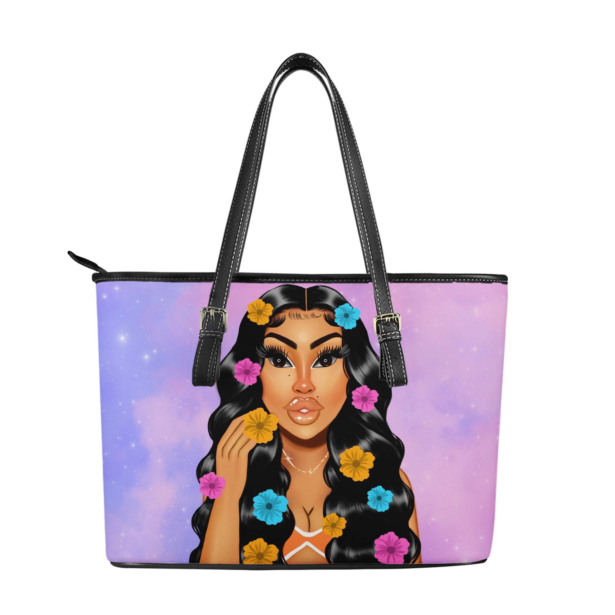 bag for black women , flowers in hair with long weave , eyelashes