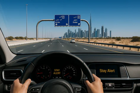 Driving on a highway towards Dubai and Al Ain with the iconic Dubai skyline visible in the distance. A car dashboard displays a 'Stay Alert' message.