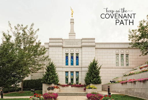 Winter Quarters Temple poster standing and flower beds against a white, cloudy sky. The text reads: "Keep on the Covenant Path".
