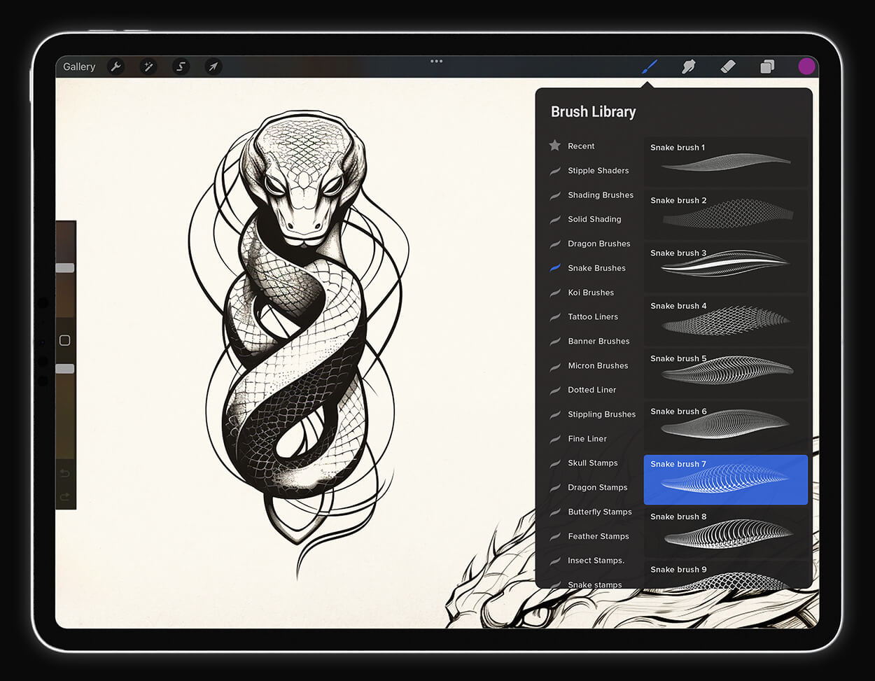 image of snake drawing on iPad with snake scale brushes displayed