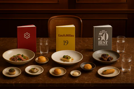 Assortment of fine dining dishes and small bites on a table with Michelin, Gault&Millau, and World's 50 Best Restaurant guides.