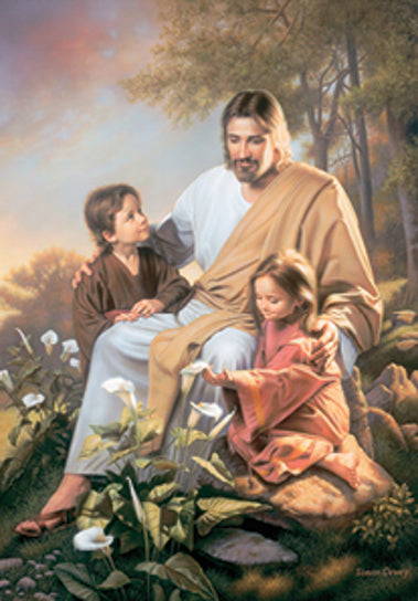 Jesus sitting with two children among lilies.