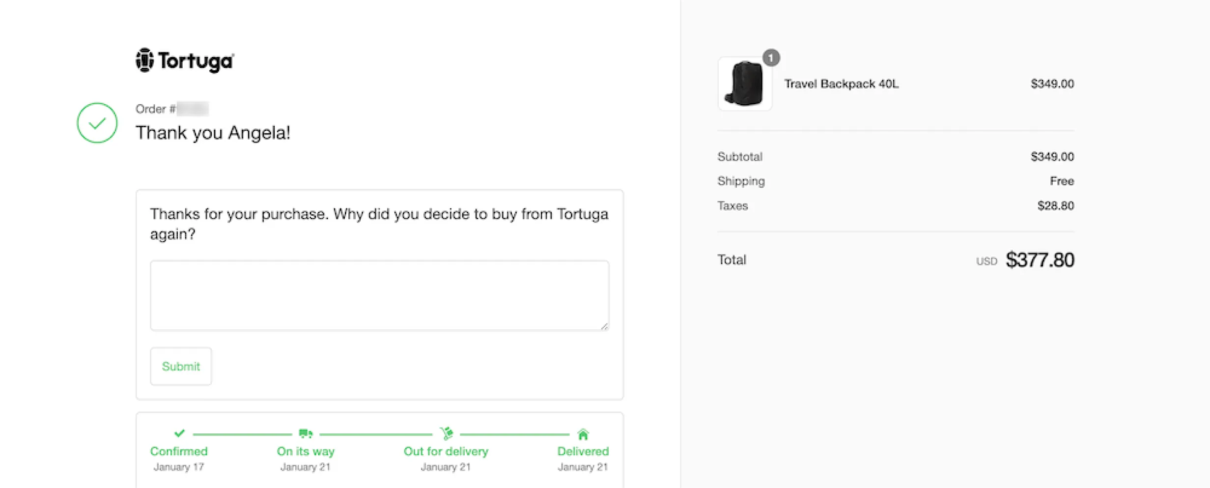 Tortuga checkout page collect feedback