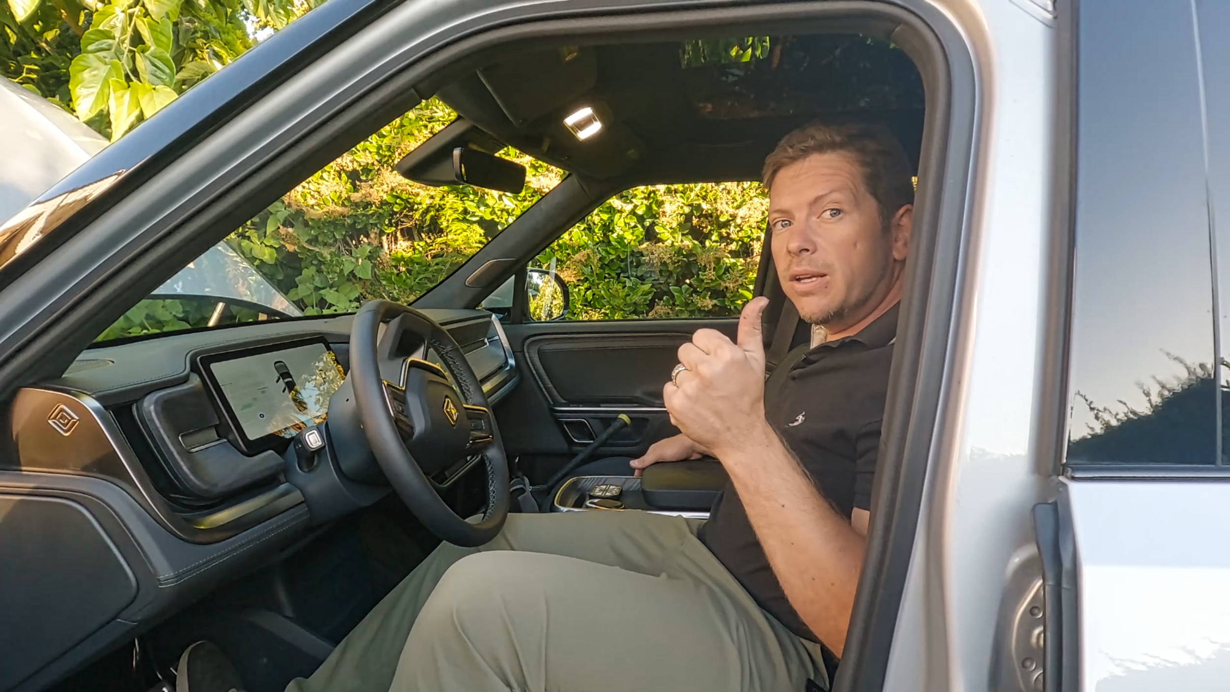 mike from mandr automovie taking rivian off roading enjoying the interior comfort