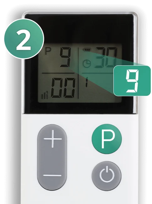 WellueワイヤレスTENSリモートディスプレイにプログラム9が選択され、モード選択ボタンが強調表示されている