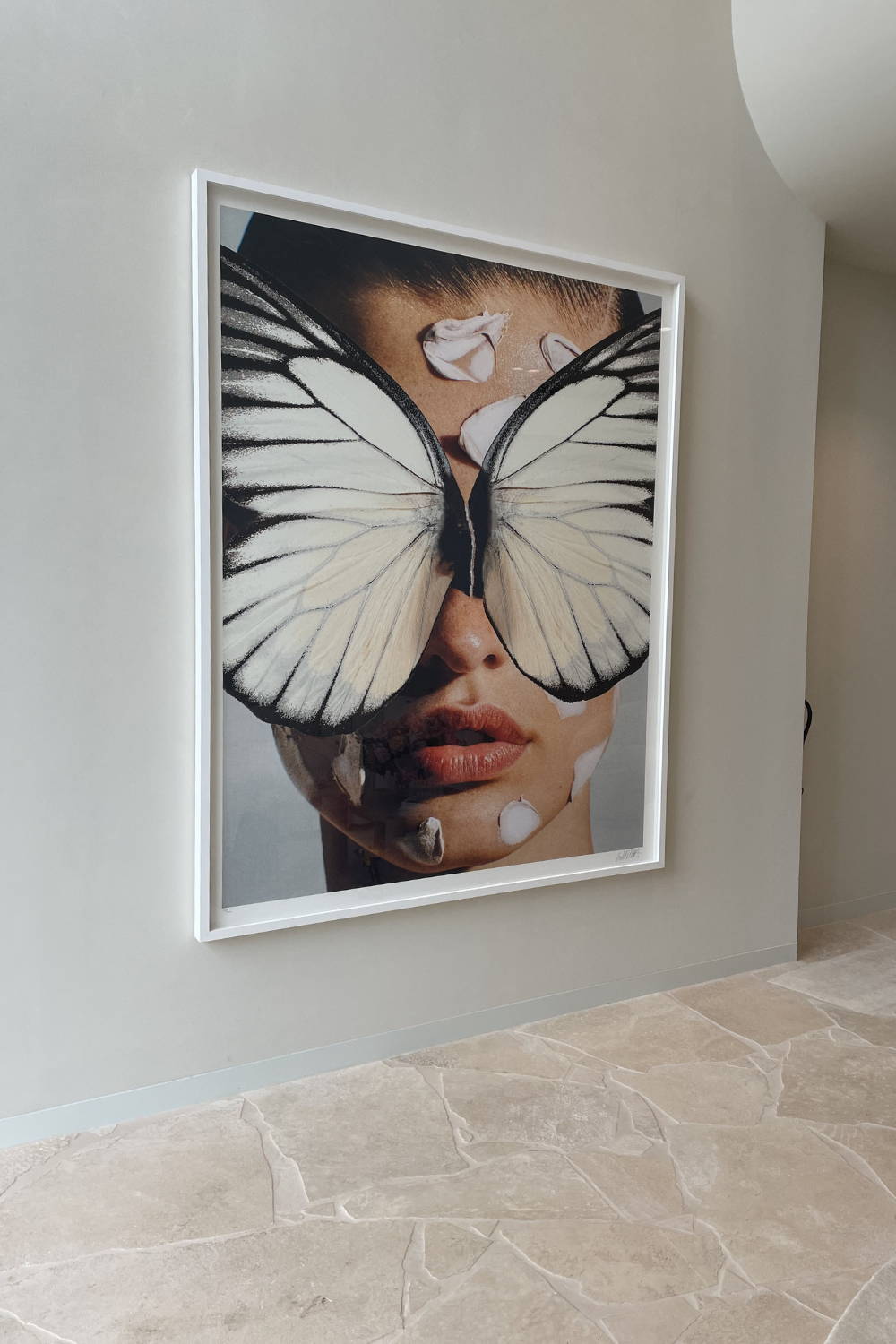 'Broken Wings White' by Dina Broadhurst - A collage-style art print of a girl with butterfly wings over her face