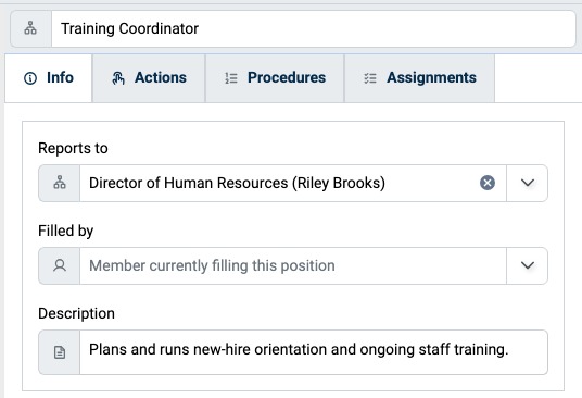 Info tab of a Position with Reports to, Filled by, and Description