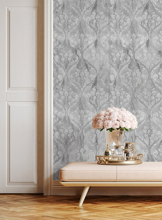 Grey Shabby Chic Damask Wallpaper - Feathr Wallpapers