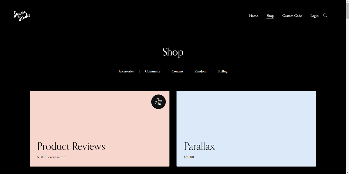 Screenshot of SquareStudio, from the squarespace ecommerce examples collection.