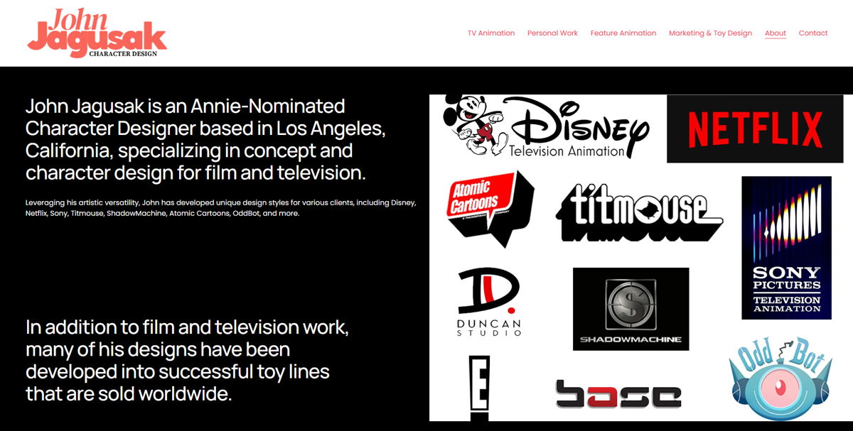 Screenshot of John Jagusak Character Design, from the character design portfolios collection.