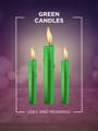 green candles candle magiic 101 meaning icon with three lit candles and a purple and pink bokeh background
