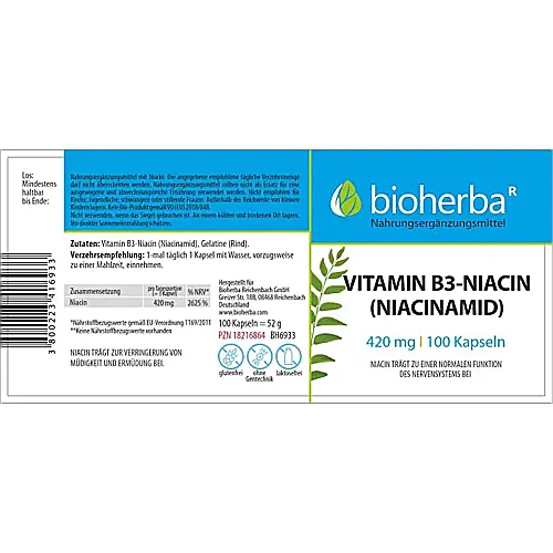 Vitamin B3 - Niacin Niacinamid 420 mg 100 Kapseln