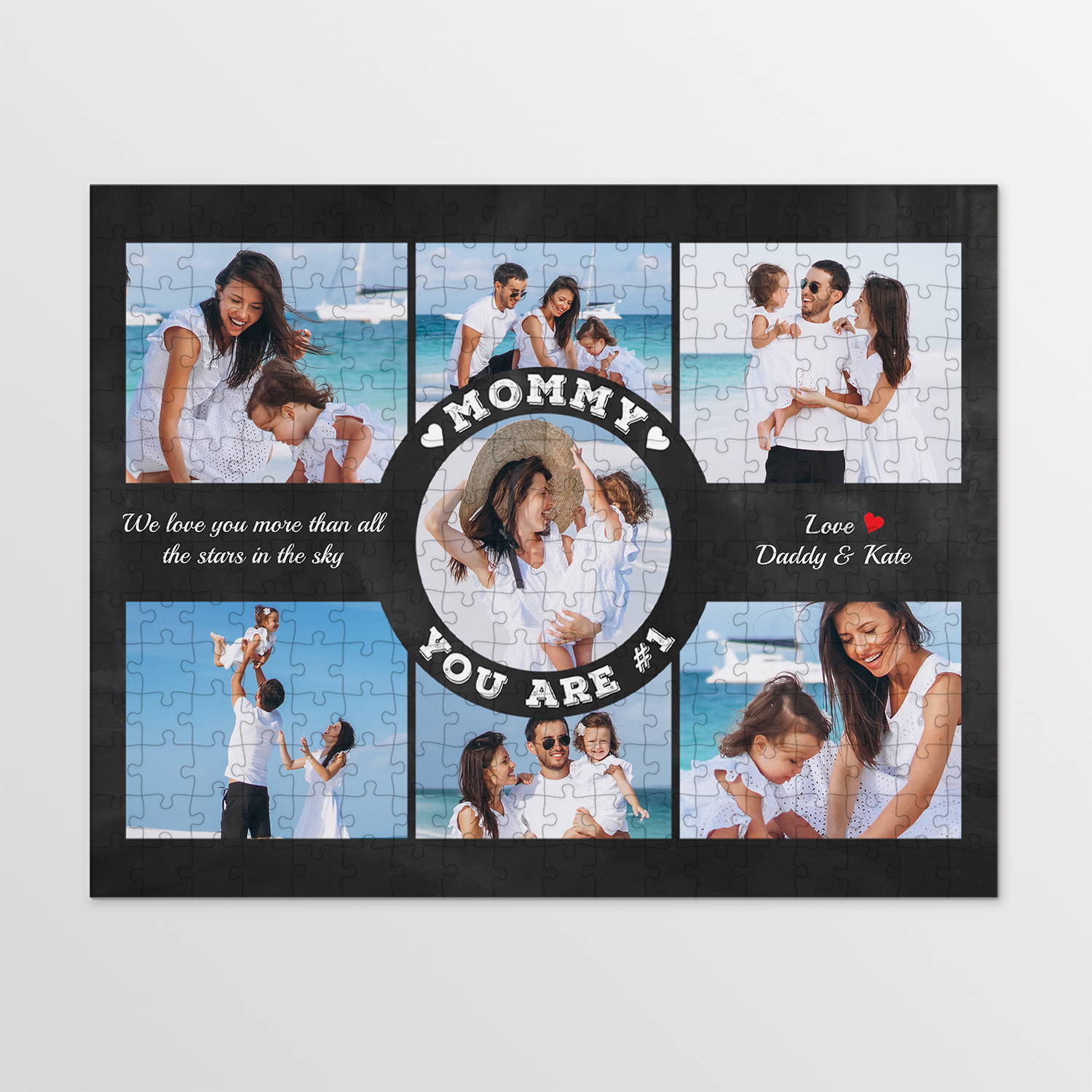 A jigsaw puzzle that has personalized photo collage, name, text with the phrase “Mommy You Are Number 1” print will be the best travel gifts for mom
