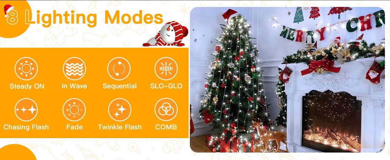 Features of Ollny's 800 leds clear cable cool white string lights - desktop size