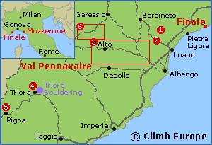 Map of the OltreFinale rock climbing areas