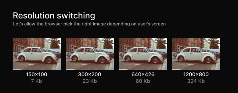 There are four car images scaled to 150×100. Each of them has different initial resolution, which make some of them more blurry than others