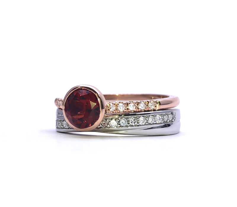 duo garnet and diamonds ring in pink gold and white gold ring paved with diamonds