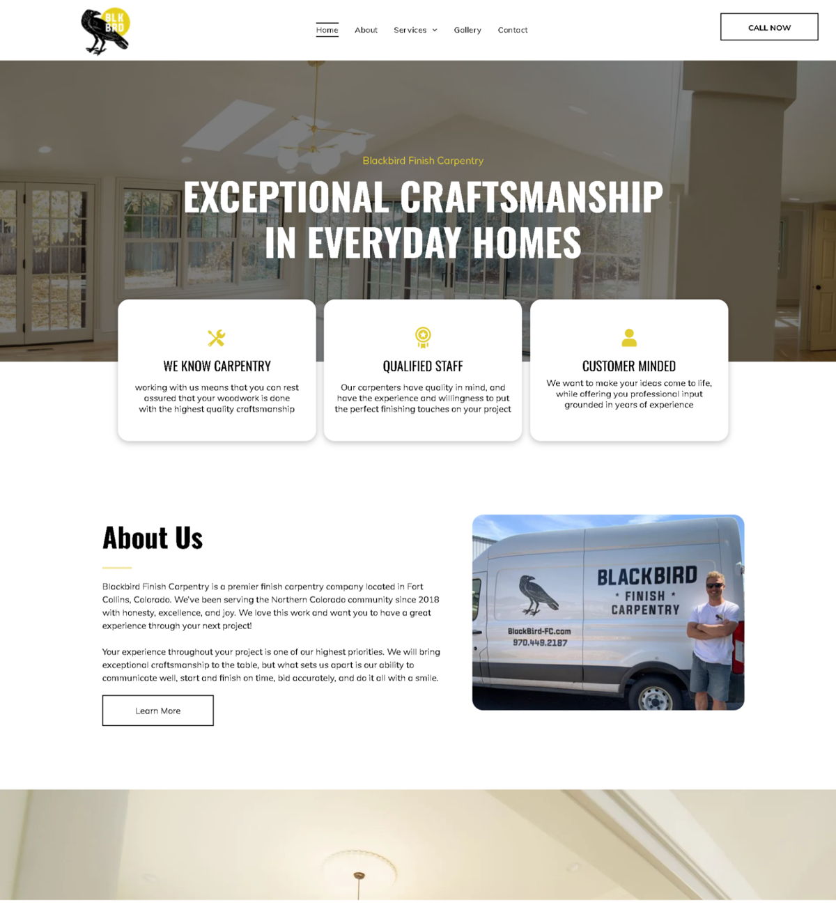 Screenshot of Blackbird Finish Carpentry, from the carpentry websites collection.