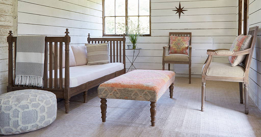 monochrome outdoor floor cushion on a Nomad rug