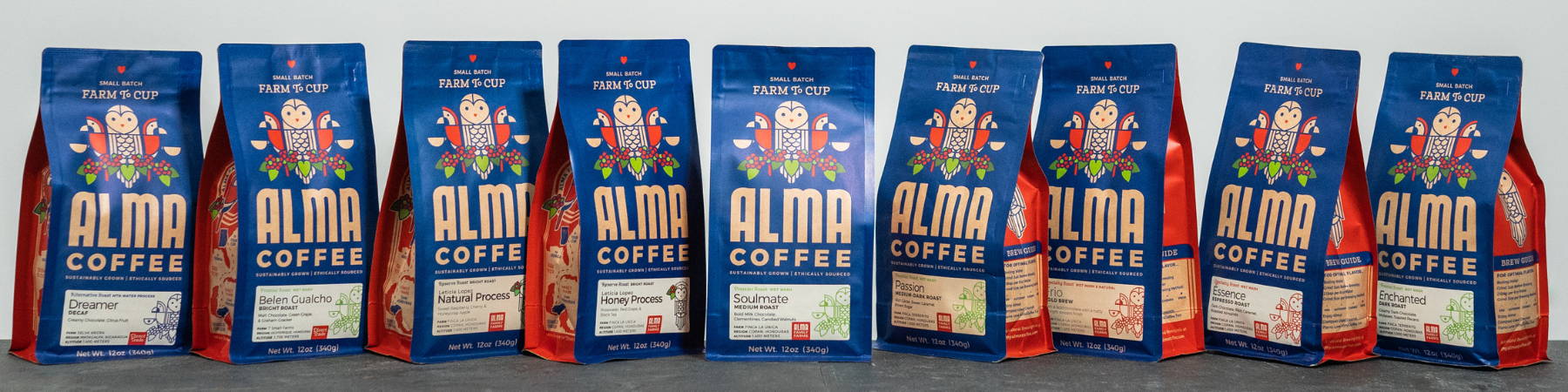 all of Alma Coffees roast lineups available for sale in whole bean or ground