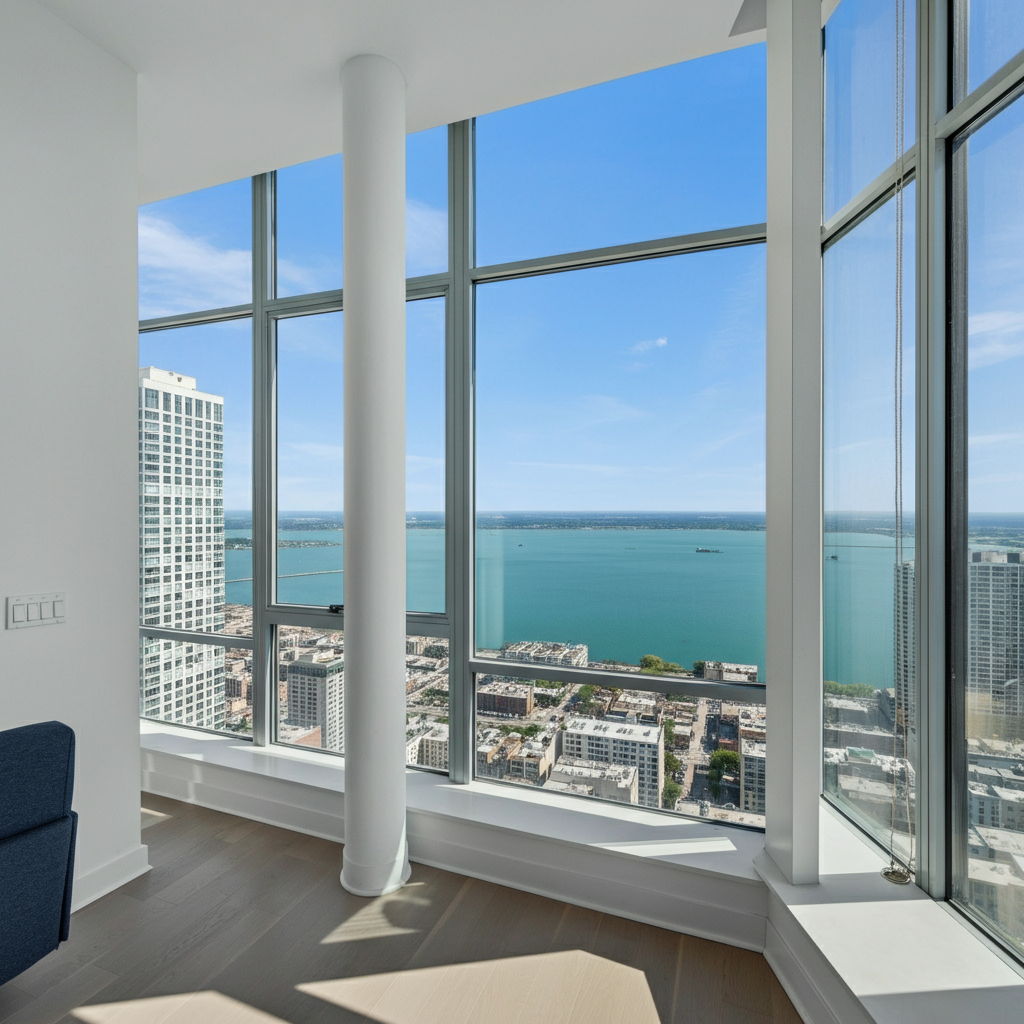 A luxury high-rise condominium in Streeterville with floor-to-ceiling windows, offering panoramic lake and city views. The modern open floor plan features premium finishes and smart home technology, ideal for tech-savvy downsizers seeking contemporary design and full-service amenities.