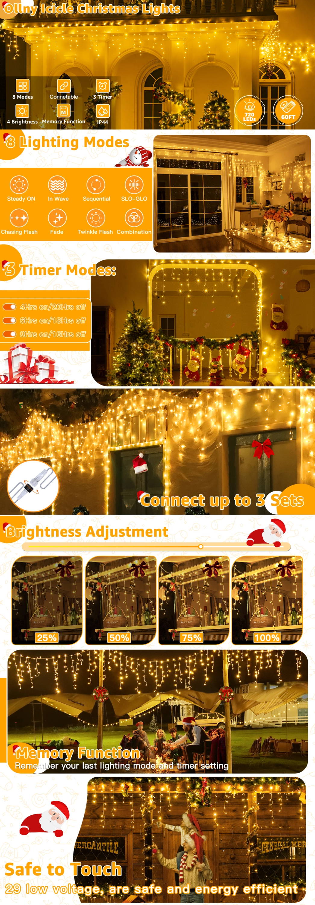 Features of Ollny's 720 leds warm white icicle lights