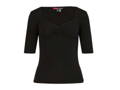Black retro top with bust gathering and elbow length sleeves on an invisible mannequin