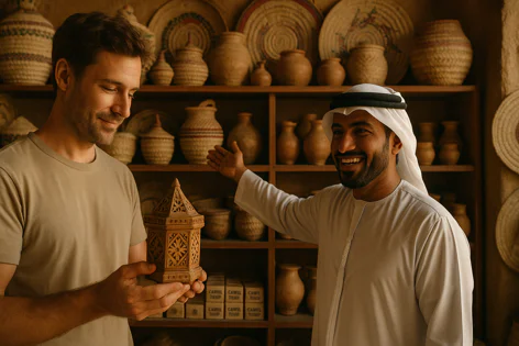 Man examines intricate wooden lantern in a vibrant market booth filled with traditional baskets and pottery, while a smiling vendor gestures towards the crafts.
