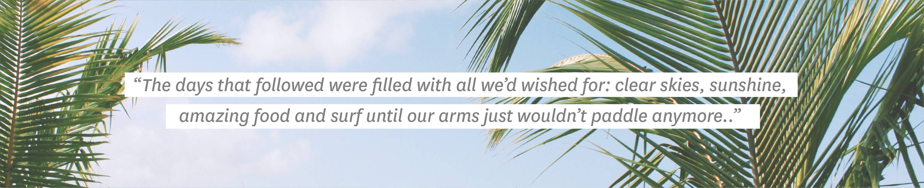 The days that followed were filled with all we’d wished for: clear skies, sunshine, amazing food and surf until our arms just wouldn’t paddle anymore.